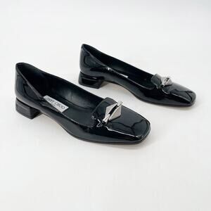 Jimmy Choo Black Patent Leather Ravi Crystal Square Toe Ballerina Pumps IT 38